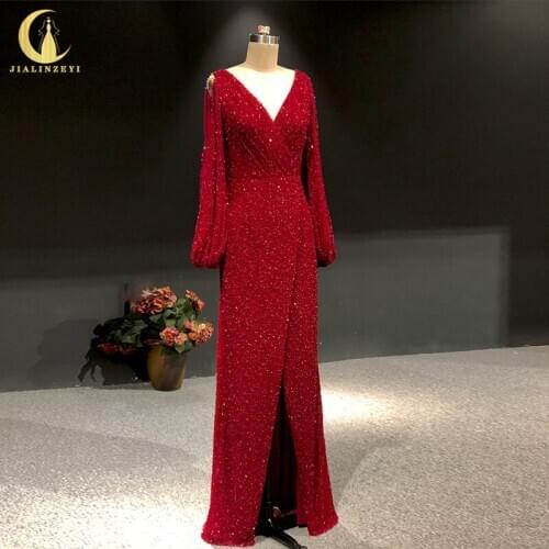 JIALINZEYI Rhine wine red long sleeves full beads Sexy V Neck Slit Floor length Party dresses New Evening dress 2020