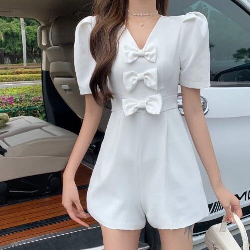Puff Sleeve Bow Romper Female Casual Mini Playsuits Summer Elegant Women Sexy Jumpsuits High Waist Ladies Overall Streetwear