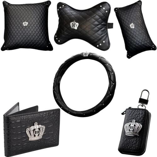 Crystal Leather Crown Car Seat Interior Accessories Steering Wheel Cover Headgear Neck Care Lumbar Pillow Key Package