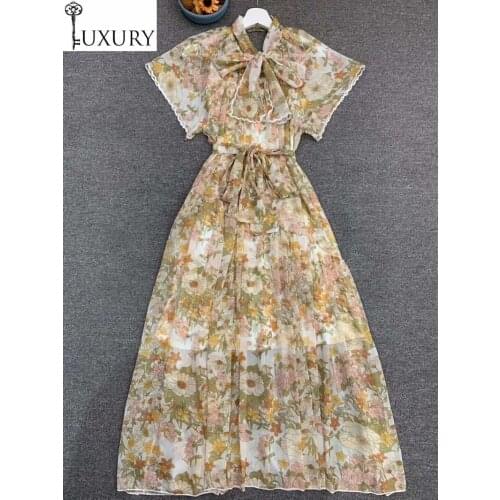Summer Fashion Beach 2020 High Quality Women Bow Collar Elegant Flower Print Short Sleeve Big Swing Casual Bohemian Dress