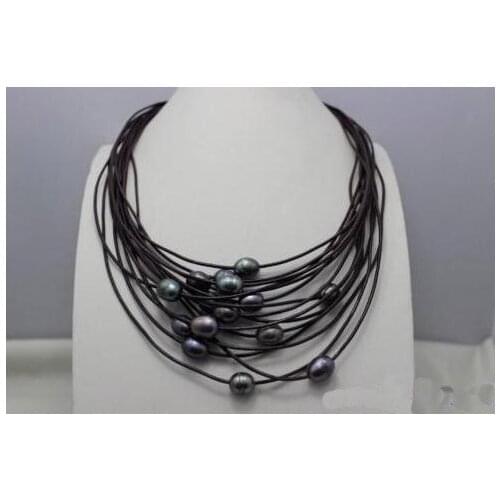 Fashion Ladys Pearl Jewelry Black Freshwater Pearl 15 Strands Purple Leather Necklace 17-20'' Handmade Leather Pearl Necklace