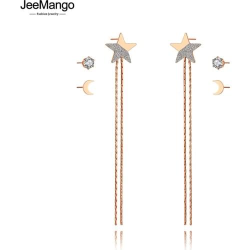 JeeMango Trendy Titanium Stainless Steel Star Monn Rhinestone Earrings Jewelry 3Pair/Set Crystal Earrings For Women Girl JE20206