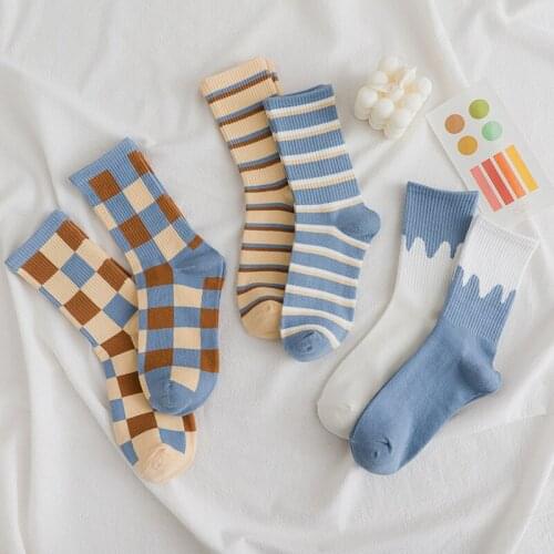 Spring Autumn Winter ins Women Comfortable Breathable plaid female cotton warm socks ladies Socks for women blue style