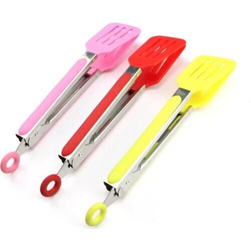 Useful Silicone Kitchen Cooking Salad Serving BBQ Tongs Stainless Steel Handle Utensil BBQ Clip Salad Bread Tongs Color Random