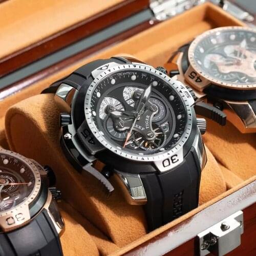 Reef Tiger/RT Top Brand Luxury Sport Mechanical Watch Men Rose Gold Watches Blue Rubber Strap Automatic 100M Waterproof Watches