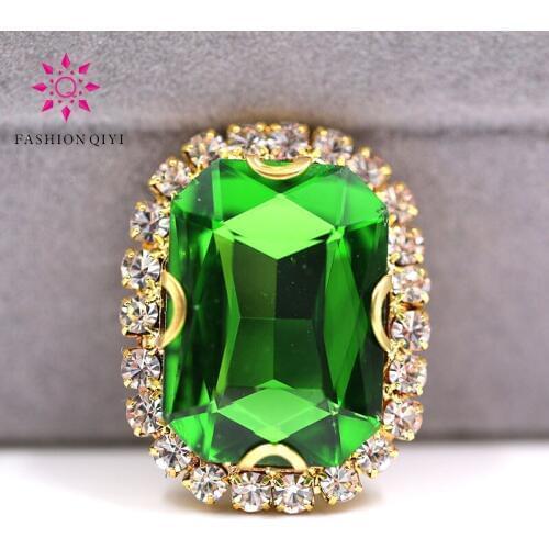 Free shipping Gold base Rectangular octagonal shape Grass Green sew on rhinestones glass Crystal button DIY clothing accessories