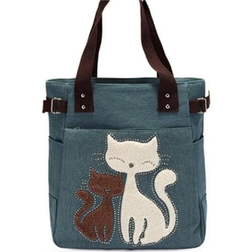 Lovely Cute Cat Canvas Handbag For Girls Ladies Large Capacity Casual Bag Women Portable Solid Zipper Shoulder Bag