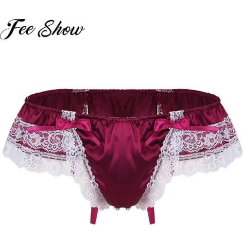 Gay Mens Briefs Sexy Underwear Shiny Soft Lingerie Sissy Panties Low Rise Bikini Thong Underwear Floral Lace Back with Bowknot