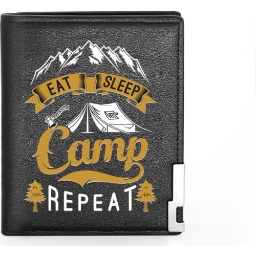 High Quality Eat Sleep Camp Repeat Printing Leather Mens Wallet Credit Card Holder Short Male Slim Travel Purse