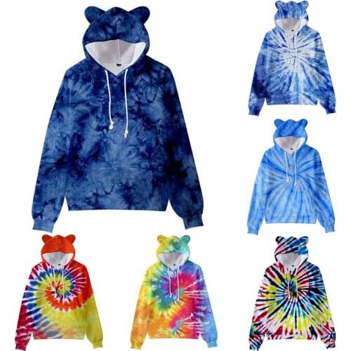 XS-4XL Oversized Hoodie Men And Women Colourful Tie-dye Bear Ears Hooded Long-sleeved Pullover Adult Sweatshirt Homesuit худи