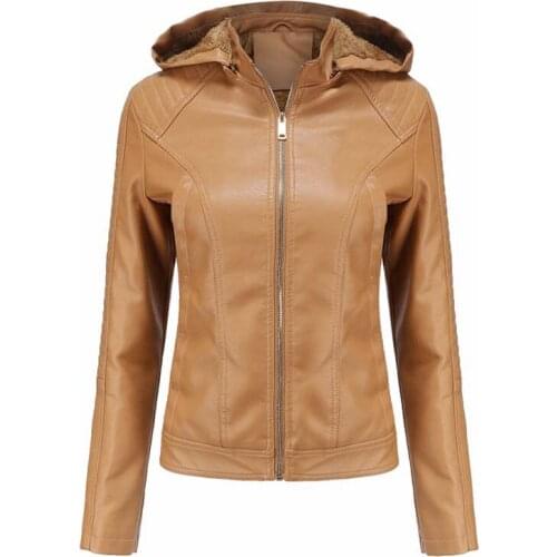 Hooded Plush Leather Tops Women Autumn Winter Fashion Long Sleeve Zipper Ladies Plus Size Motorcycle Faux Leather Jacket