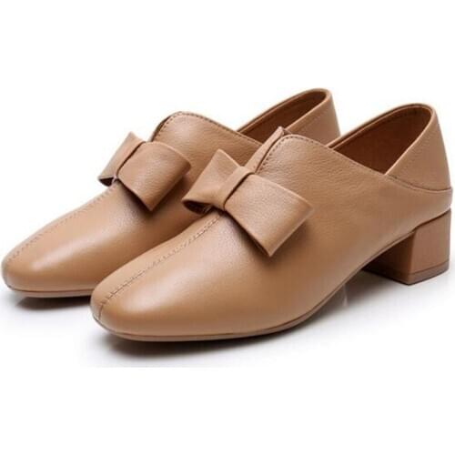2021 New Spring Square Head Deep Mouth Bowknot Genuine Leather Shoes Woman High Heels Large Size Elegant Comfortable Women Shoes