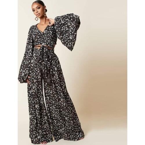 Autumn Womens Leopard Print Two-piece Sexy Lantern Sleeve Cardigan + Wide Leg Pants Set 2021 Fashion Long Sleeve Two-piece Set