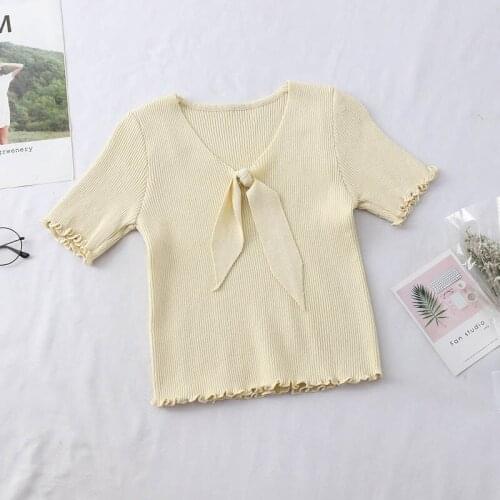 Abrini Women Bow Neck Solid Loose Knitting Short Sleeve Sweater Preppy Campus Crochet Elegant Sweater Casual Slim All-match Cute