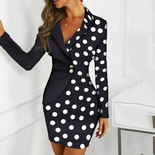 &35 Women Dress Long Sleeve Buttons Polka Dot Patchwork Bodycon Blazer Office Lady Mini Dress Autumn Dress Women платье женское