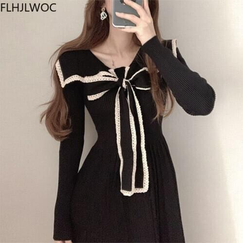 2021 Spring Women Cute Sweet Bow Tie Knitted Sweater Dress J2366