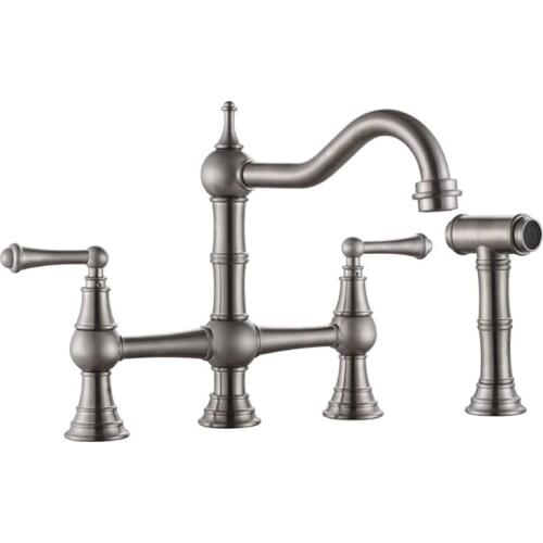 Gold European style hot and cold kitchen faucet solid brass bridge style two-handle swivel sink faucet with pull-out spray gun