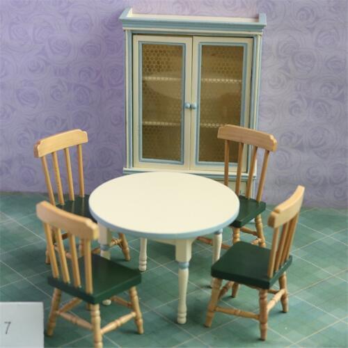 1:12 Dollhouse Miniature Kitchen cabinet Furniture green Wooden Dining Table Chair 6pcs/set Children Gift house play toys