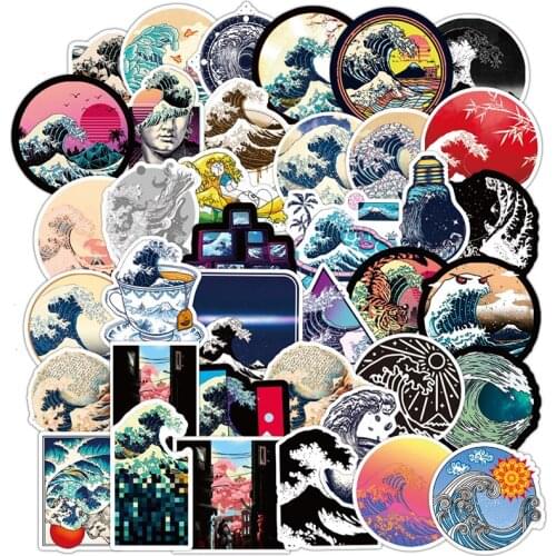 50PCS Sea Wave Spray Round Stickers Graffiti Skateboard Guitar Luggage Laptop Vsco Waterproof PVC Decals Sticker Kid Toy F4