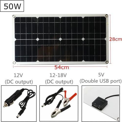 50W Solar Panel Monocrystalline Silicon Cell for Battery Cell Phone Chargers Cigarette Lighter Dual USB Interface 12V/5V