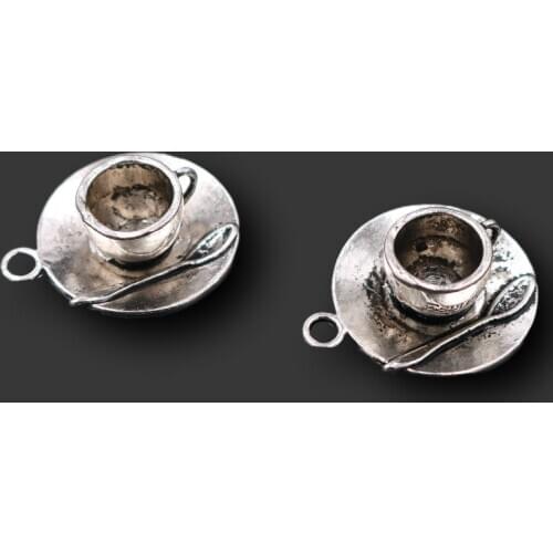 6pcs Silver Plated 3D Coffee Cup & Spoon Pendants Retro Necklace Bracelet Accessories DIY Charms For Jewelry Crafts Making A2340