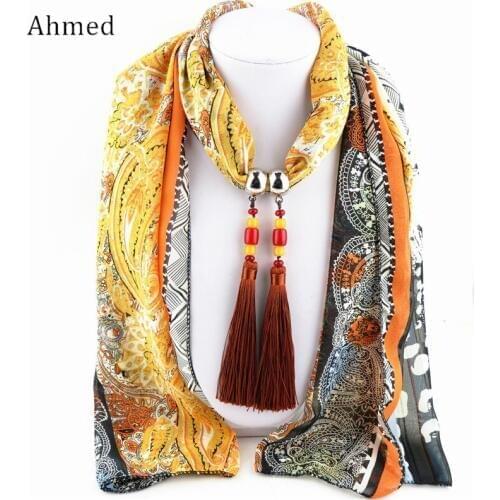 Ahmed New Design Printed Chiffon Tassel Pendant Scarf Necklace For Women New Bohemian Fashion Scarve Collar Bijoux Jewelry