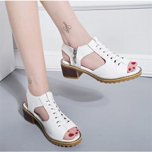 Peep Toe Beige Square heel High heels sandals women2019summer shoes woman Retro Student Metal Decoration ladies shoes female