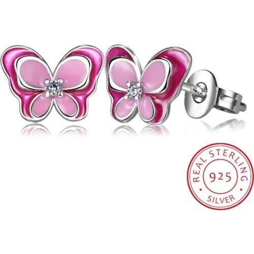 Children Fashion 925 Silver Pink Enamel Butterfly Small Stud Earrings for Baby Kids Girls Women Cute Party Earring Jewelry