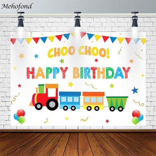Boy Happy Birthday Party Backdrop Train Choo Choo Banner Balloon Photography Background Photoshoot Studio Photophone Decor Props