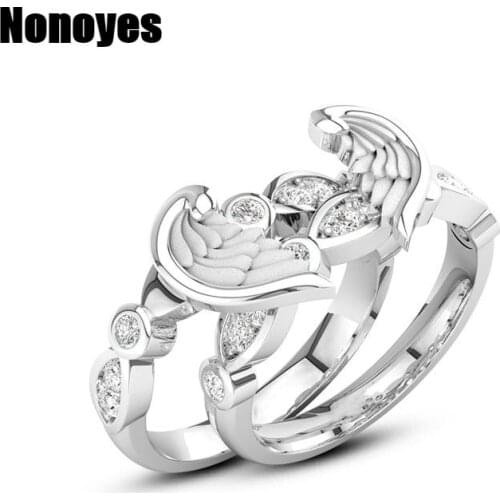 Unique Fashion Heart Wedding Bridal Set Silver Ring for Women Zircon Angel Wing Ring Set Never Apart Valentines Day Gifts