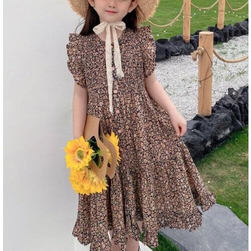 Baby girl summer vintage hand made smocking floral printed dress kids casual long princess dress