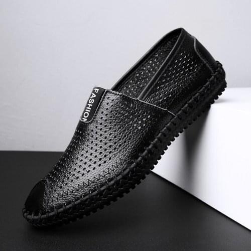 Summer Leather Casual Shoes Mens Breathable Loafers Split Leather Work Shoes Non-slip Driving Shoes Moccasins Male Sneakers Soft