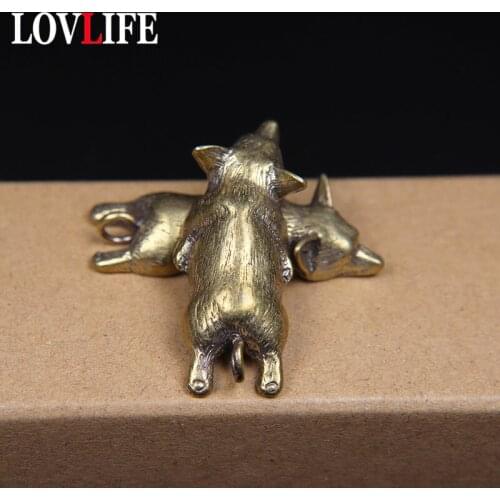 Lucky Sleeping Corgi Dog Brass Keychains Pendants Retro Animal Figurine Car Key Ring Hangings Jewelry Chinese Feng Shui Keyrings