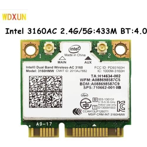 Mini PCI-e Wifi bluetooth laptop card Dual Band 2.4ghz 5Ghz For Intel 3160 3160HMW AC3160 802.11ac Wireless AC + Bluetooth 4.0