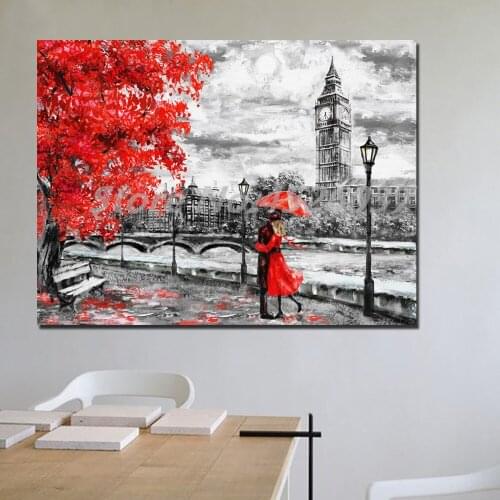 The Couple Walking In Street Of London Big Ben Red Tree Canvas Painting Oil Print Poster Wall Art Picture For Living Room Home