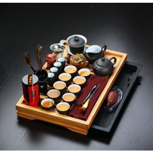 Hot Sale 32 Pieces Drinkware Chinese Yixing Clay Gaiwan Kung Fu Solid Wood Tea Tray Set Ceramic Pot Cup Porcelain Ideal Gift