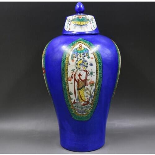 Qing Dynasty Kangxi Blue Ground Pastel Figure Kaiguang Plum Vase Antique Handicraft Home Furnishing porcelain temple jar