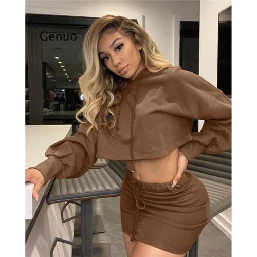 Sexy Two Piece Set Hooded Crop Top and Skirt Fall Winter Workout Sweat Suits 2 Piece Sets Womens Outfits