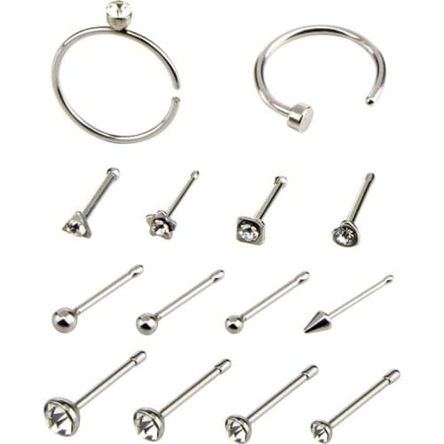 14Pcs/Set Unisex C/O Shape Rhinestone Stainless Steel Nose Stud Piercing Jewelry hot