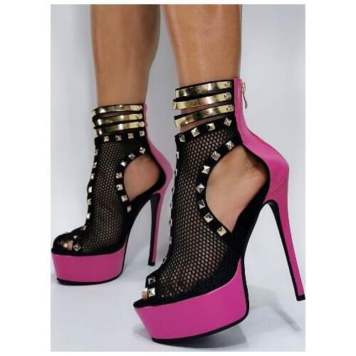 Summer New Rose Pink White Black Patchwork Mesh Cuts Out Peep Toe Platform Pumps Gold Rivets Zipper Back High Heel Shoes Pumps