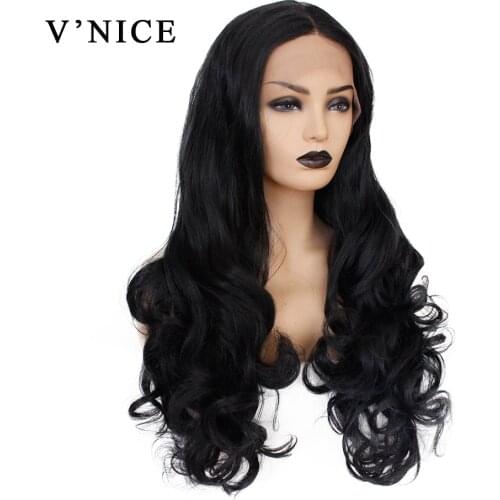 V'NICE Black Hand Tied Lace Front Wavy Wig High Temperature Fiber Natural Glueless Synthetic Lace Front Wig for Women Daily