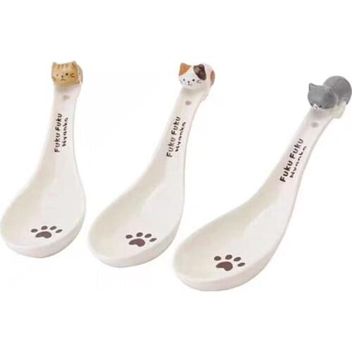Japanese Ceramic Spoon Cat Three-Dimensional Cute Children Creative Simple Cartoon Animal Shaped Personality Tableware Gifts