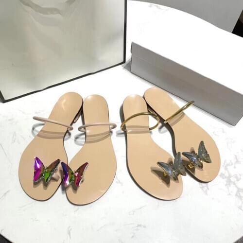 2020 New Summer Butterfly Rhinestone Flip Flops Sandals Woman Round Toe One Strap Flat With Summer Shoes Woman Beach Shoes Woman
