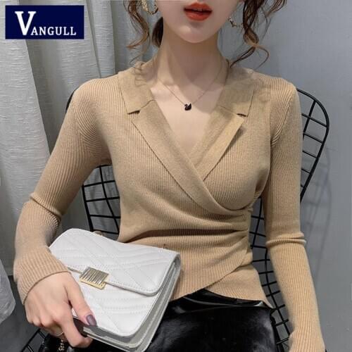 Vangull V-neck Sweater Women Knitted Bottoming Shirt 2021 Autumn New Solid Slim Pullover Casual Long Sleeve Soft Outside Sweater