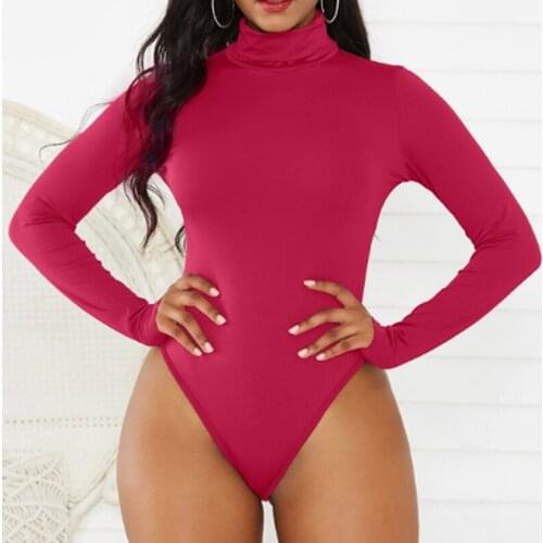 Women Bodysuit Stretch High Collar Pure Color Fitness Leotard Long Sleeve Body Tops New Jumpsuit