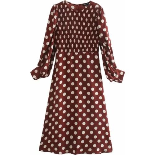 Women Polka Dot Printing Midi Dress Casual Femme O-Neck Lantern Sleeve Clothes Lady Loose Vestido D6665