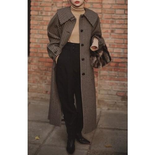 Winter 11.12 New Autumn Fashion High End Plaid Houndstooth Wool Coat Women Vintage Lapel Mid-Length Overcoat Outercoat