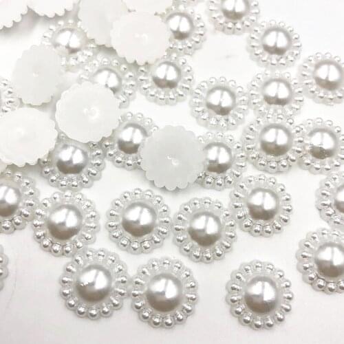 100Pcs 13mm Beige/White Flower Half Roud Pearl Beads FlatBack Scrapbook Craft Cabochon Kawaii DIY Embellishments Accessories