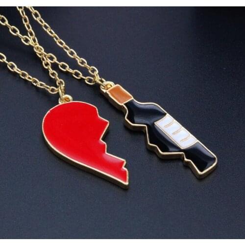 2pcs/set Lovers Couple Half Heart Wine Bottle Pendant Necklaces Choker BFF Creative Best Friends Jewelry Personality Gift
