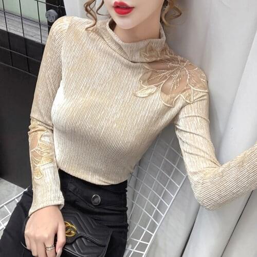 #5591Black Beige Turtleneck T Shirt Women Hollow Out Sexy Long Sleeve Velvet T-shirt Female Tight Korean Fashion Tee Shirt Vogue